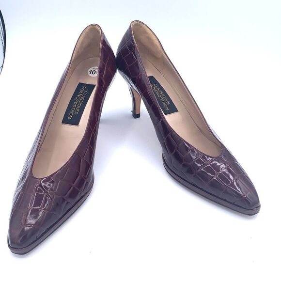 Classiques Nordstrom Italy Brown Croc Embossed Leather Pumps Size 10.5 Heels - Picture 1 of 9